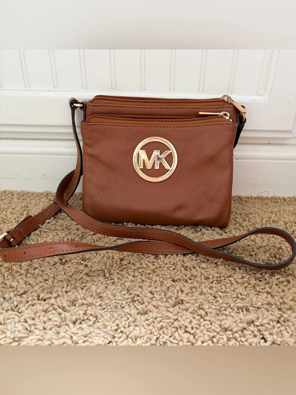 Michael Kors Chestnut Brown Leather Crossbody with Gold MK Emblem